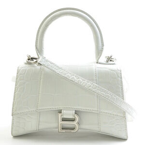 Balenciaga Hourglass XS Crossbody Shoulder Bag Embossed Leather Off White Silver